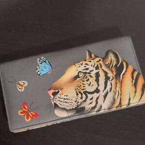 Anuschka Gray Wallet with Tiger and Butterfly Design NEW WITHOUT TAGS